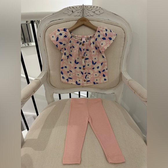 🦢 12~18 Mth Pink and Blue Floral Patterned Muslin Cotton Top with Pink Leggings - Picture 1 of 7